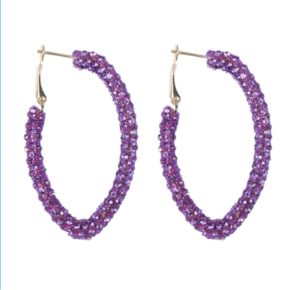 NWT Purple Crystal Rhinestone Encrusted Glitter Hoop Earrings!